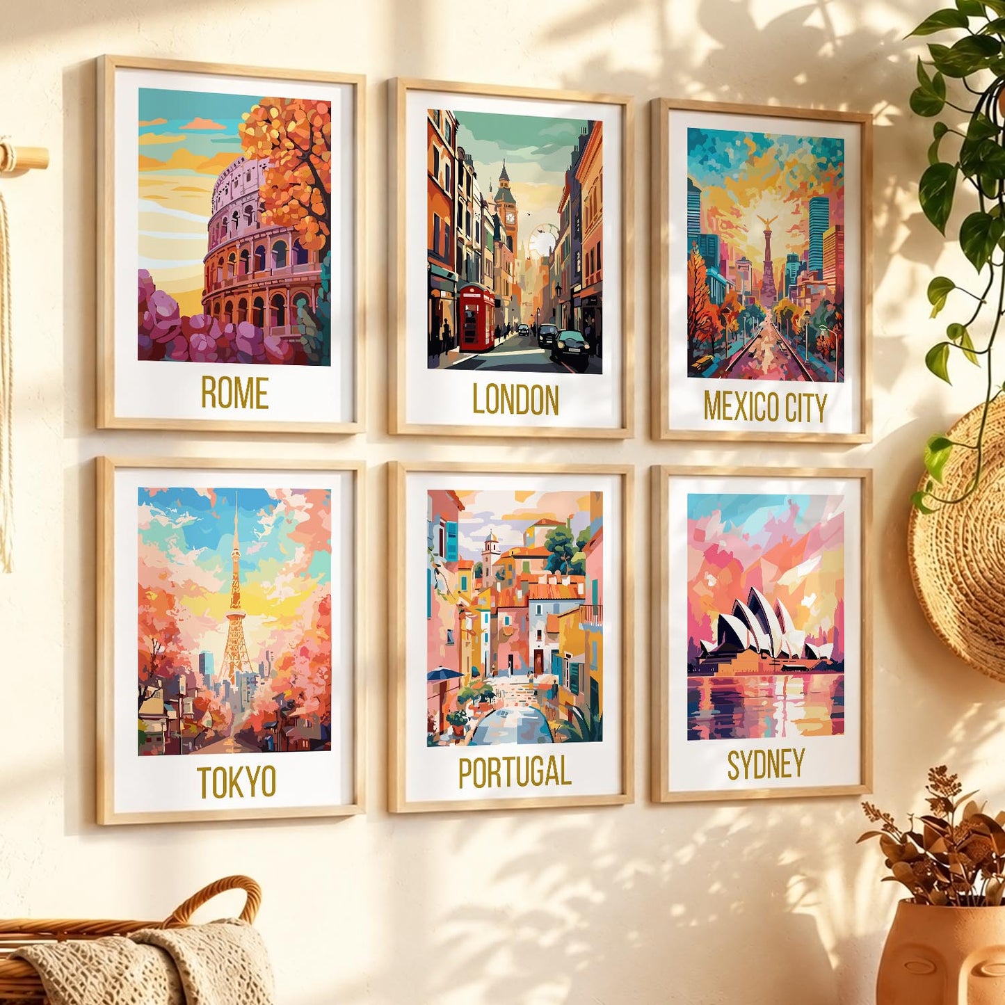 Travel Theme Iconic City View Retro Framed Posters for Wall Decor Set of 6