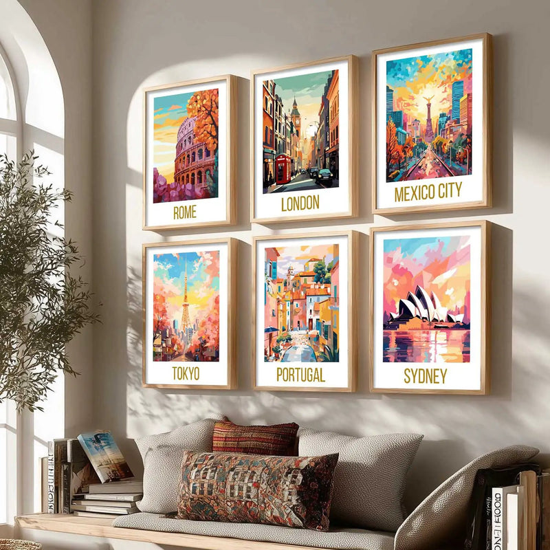 Travel Theme Iconic City View Retro Framed Posters for Wall Decor Set of 6