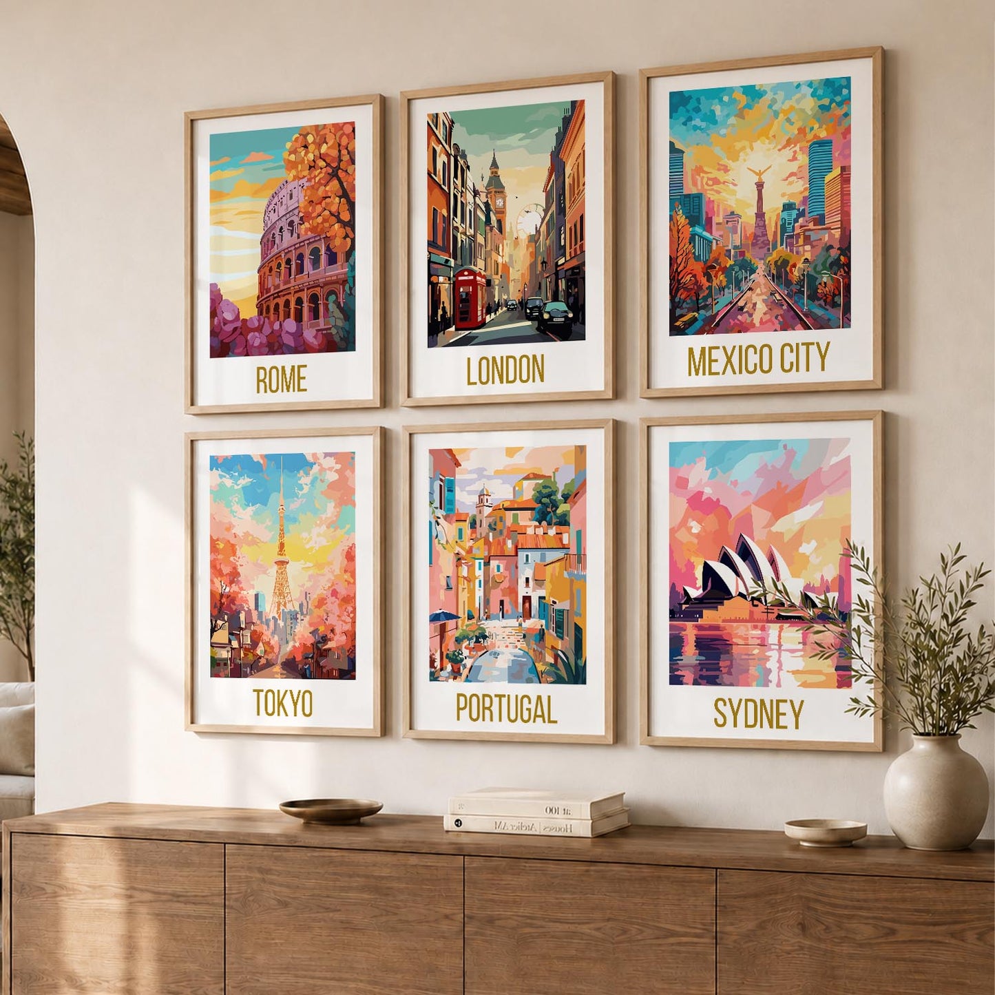 Travel Theme Iconic City View Retro Framed Posters for Wall Decor Set of 6