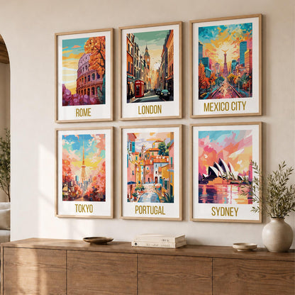 Travel Theme Iconic City View Retro Framed Posters for Wall Decor Set of 6