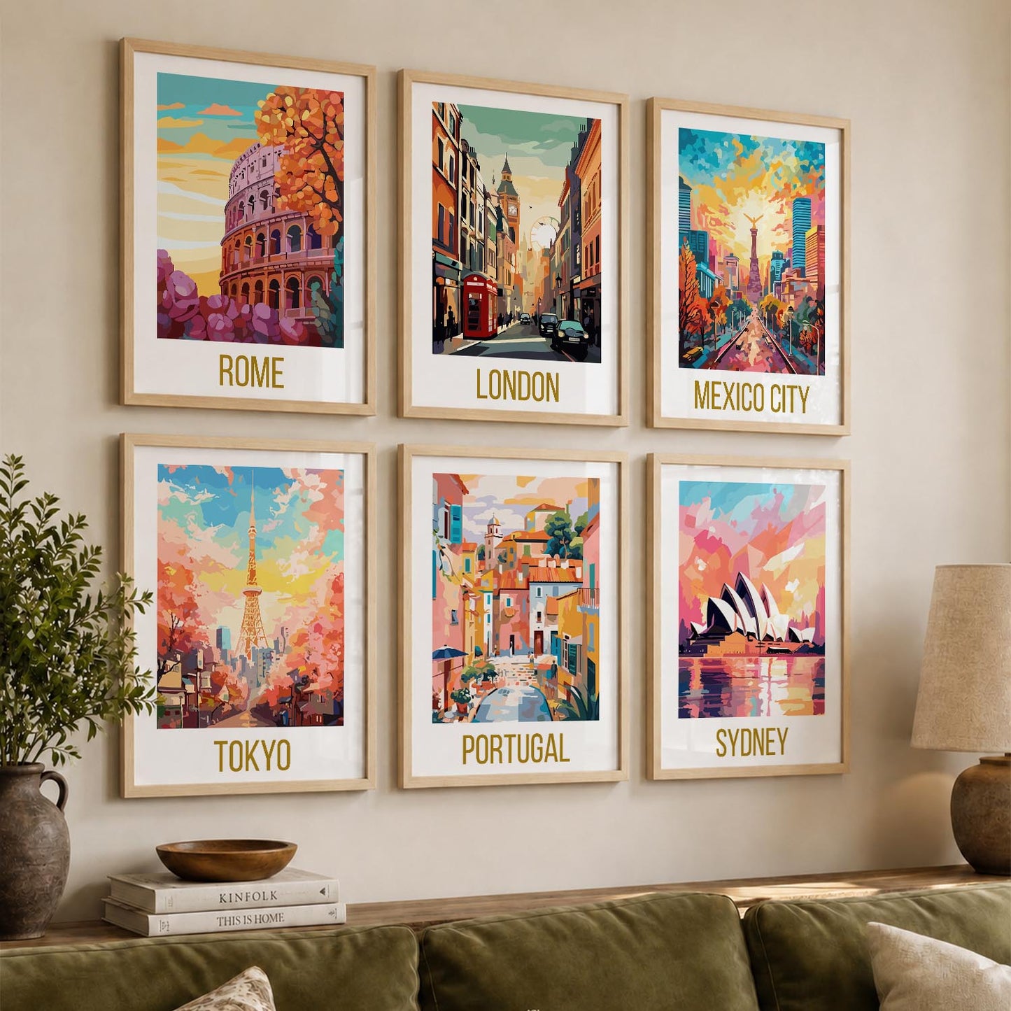 Travel Theme Iconic City View Retro Framed Posters for Wall Decor Set of 6