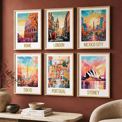 Travel Theme Iconic City View Retro Framed Posters for Wall Decor Set of 6