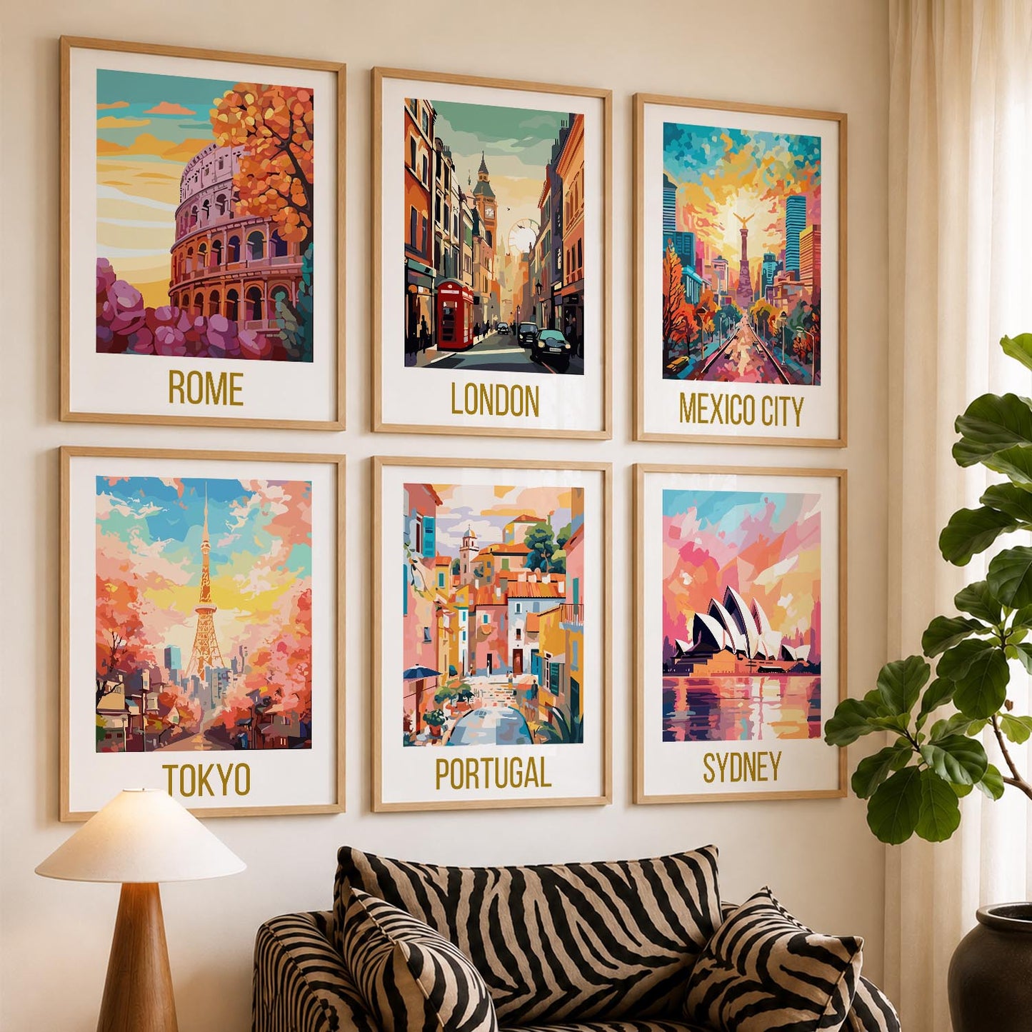 Travel Theme Iconic City View Retro Framed Posters for Wall Decor Set of 6