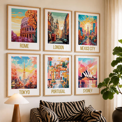 Travel Theme Iconic City View Retro Framed Posters for Wall Decor Set of 6