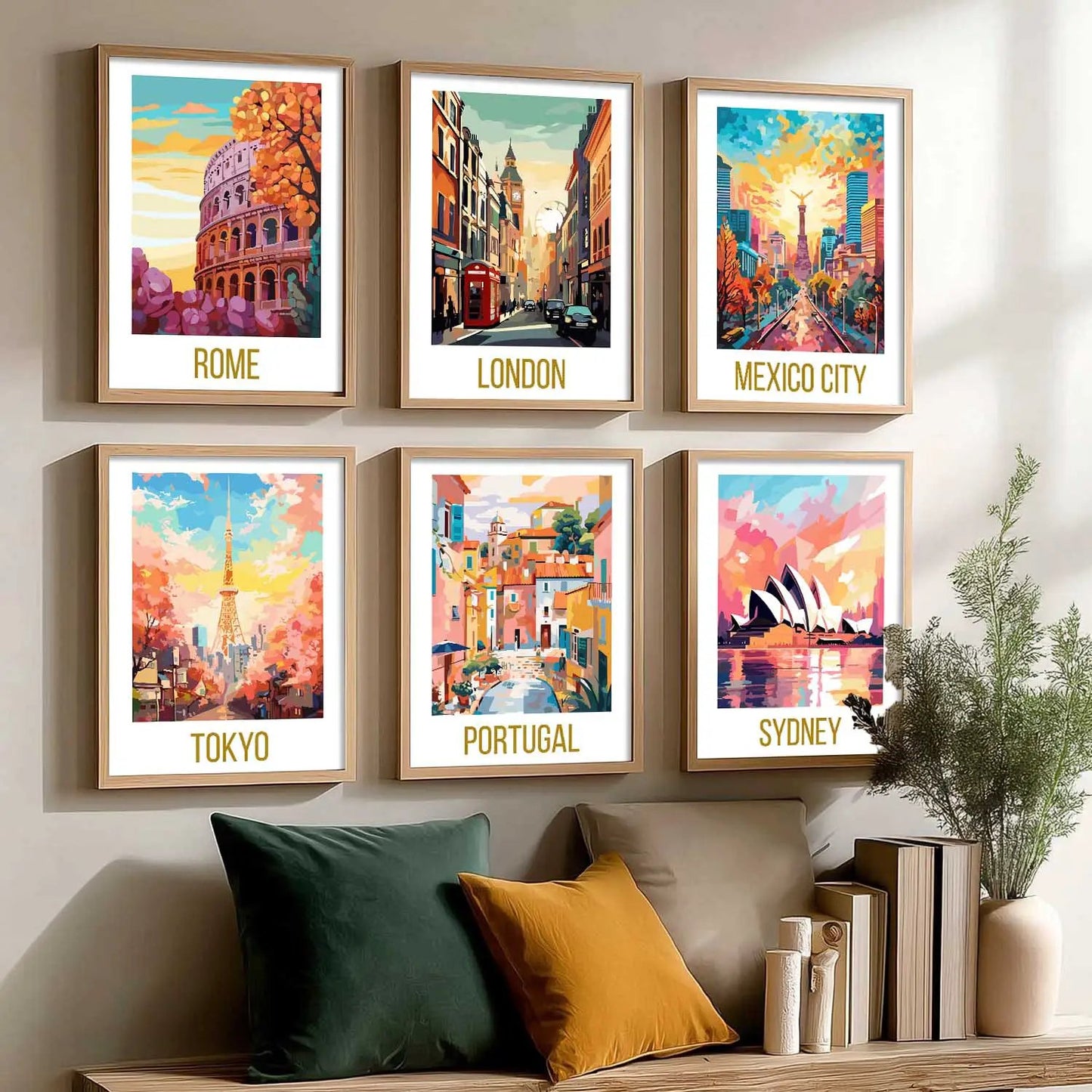 Travel Theme Iconic City View Retro Framed Posters for Wall Decor Set of 6
