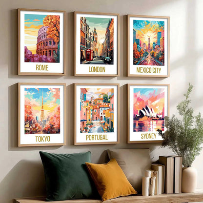 Travel Theme Iconic City View Retro Framed Posters for Wall Decor Set of 6