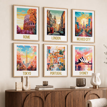 Travel Theme Iconic City View Retro Framed Posters for Wall Decor Set of 6