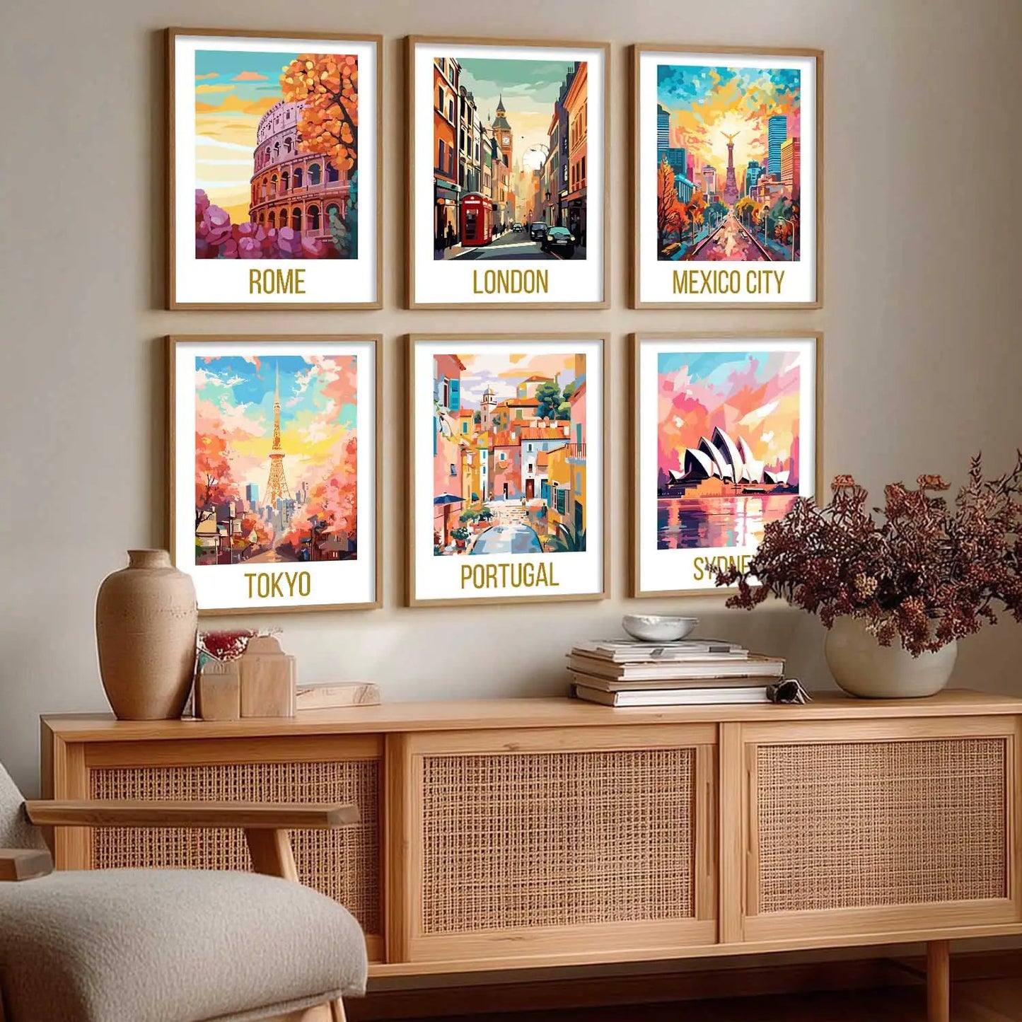 Travel Theme Iconic City View Retro Framed Posters for Wall Decor Set of 6