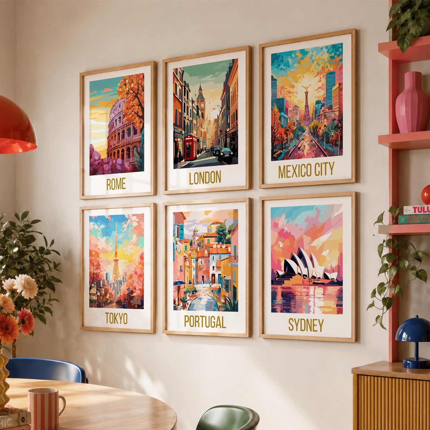 Travel Theme Iconic City View Retro Framed Posters for Wall Decor Set of 6