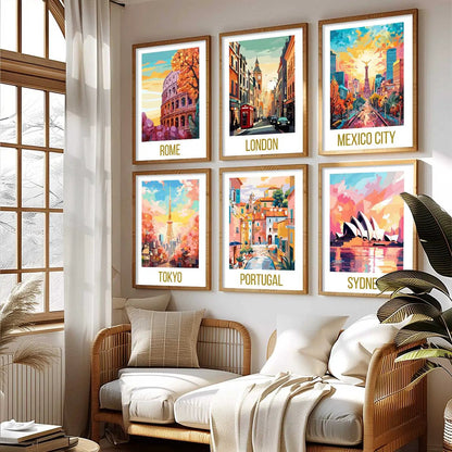 Travel Theme Iconic City View Retro Framed Posters for Wall Decor Set of 6
