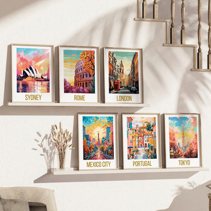 Travel Theme Iconic City View Retro Framed Posters for Wall Decor Set of 6