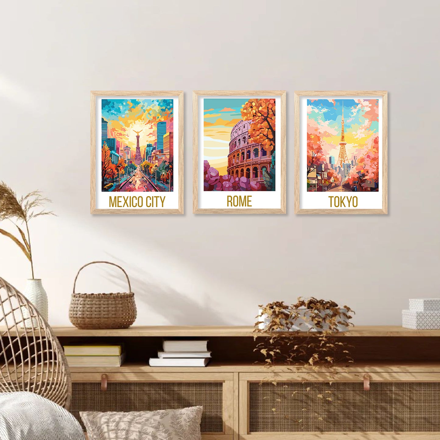 Travel Theme Iconic City View Retro Framed Posters for Wall Decor Set of 6