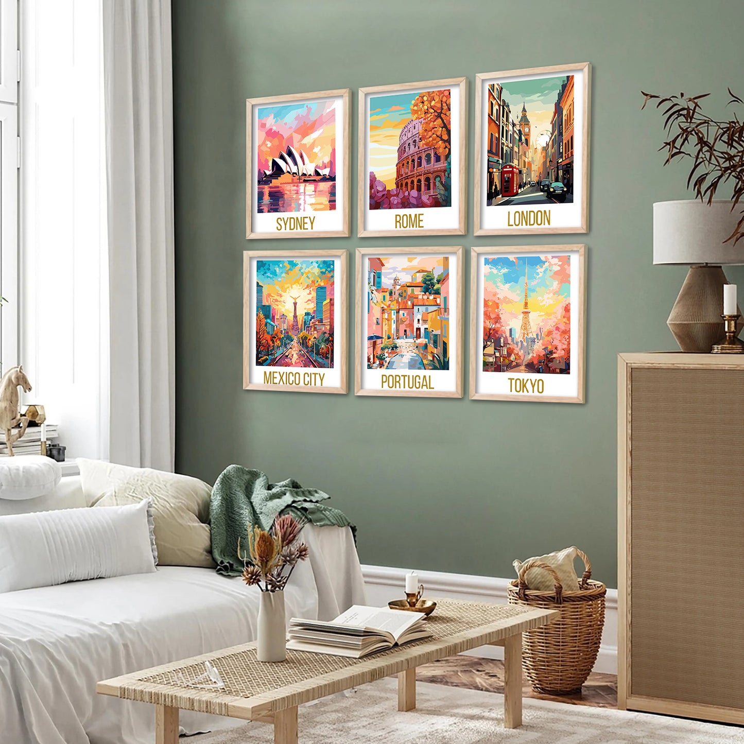 Travel Theme Iconic City View Retro Framed Posters for Wall Decor Set of 6