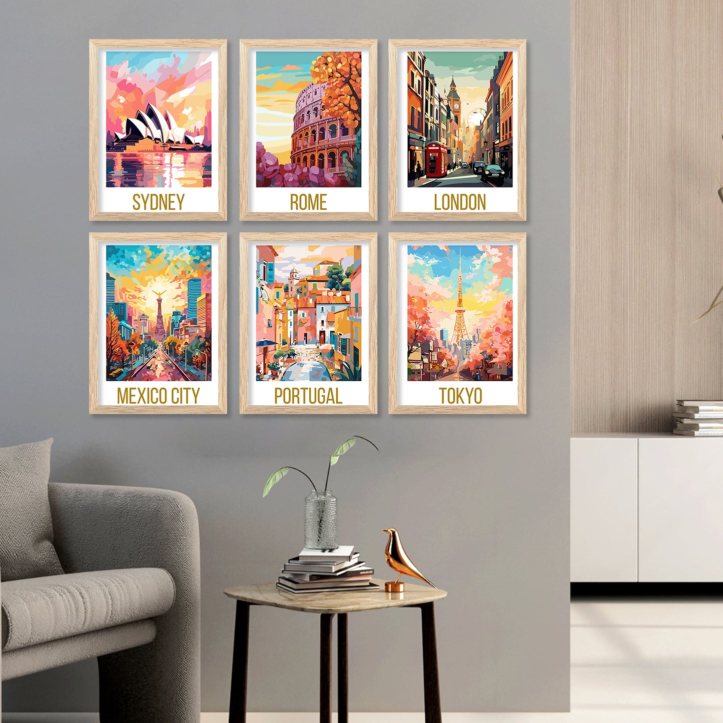 Travel Theme Iconic City View Retro Framed Posters for Wall Decor Set of 6