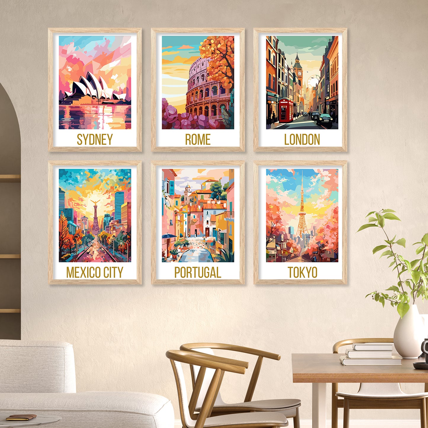 Travel Theme Iconic City View Retro Framed Posters for Wall Decor Set of 6