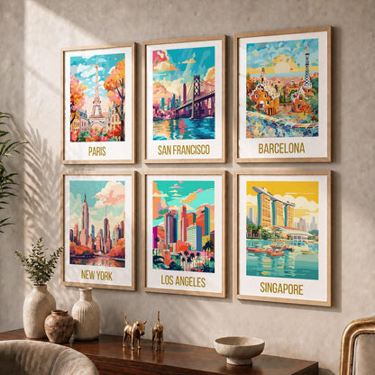 Travel Theme Iconic City View Retro Framed Posters for Wall Decor Set of 6