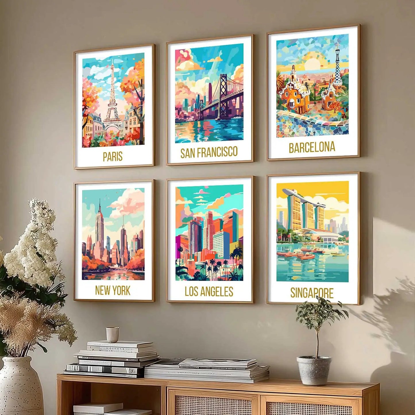 Travel Theme Iconic City View Retro Framed Posters for Wall Decor Set of 6