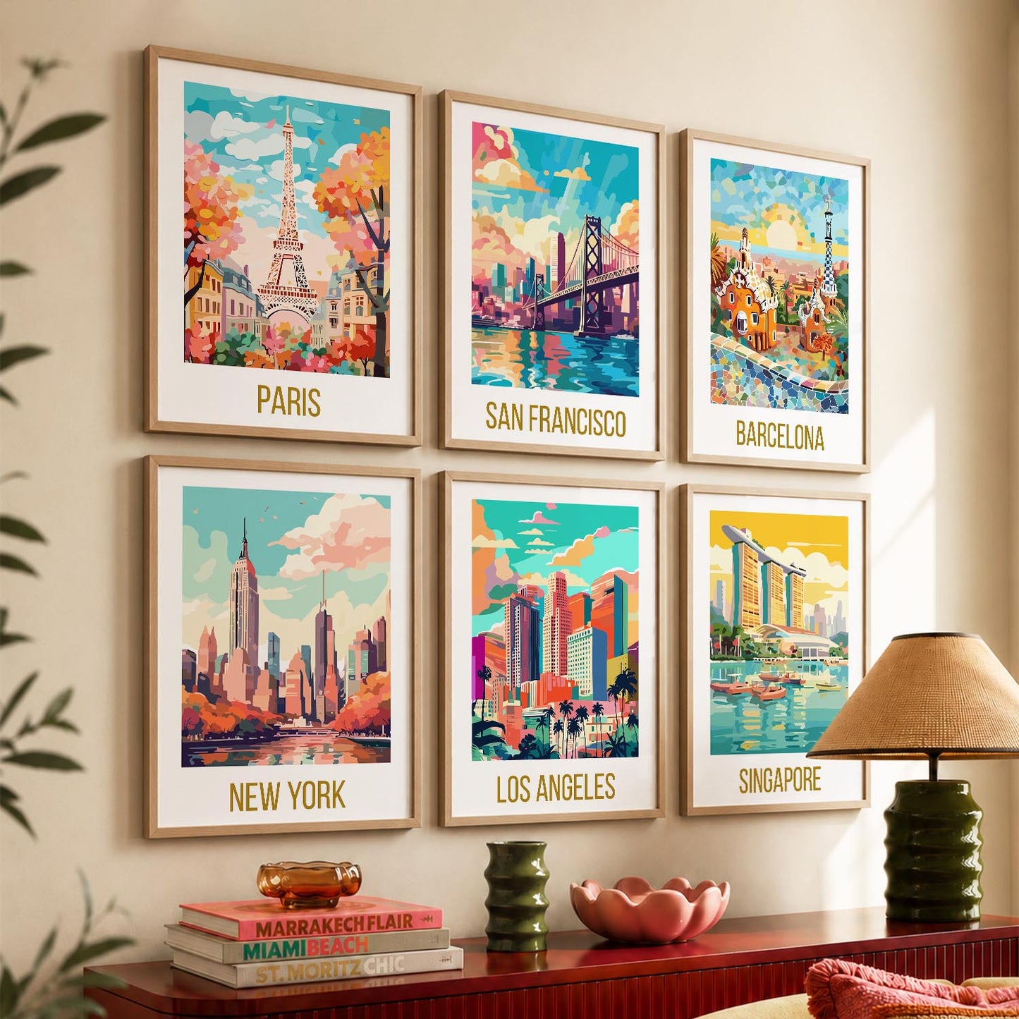 Travel Theme Iconic City View Retro Framed Posters for Wall Decor Set of 6