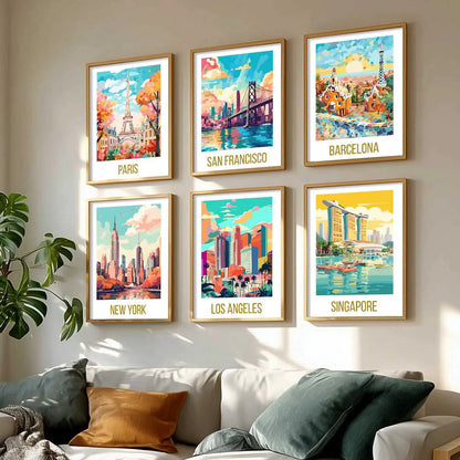 Travel Theme Iconic City View Retro Framed Posters for Wall Decor Set of 6
