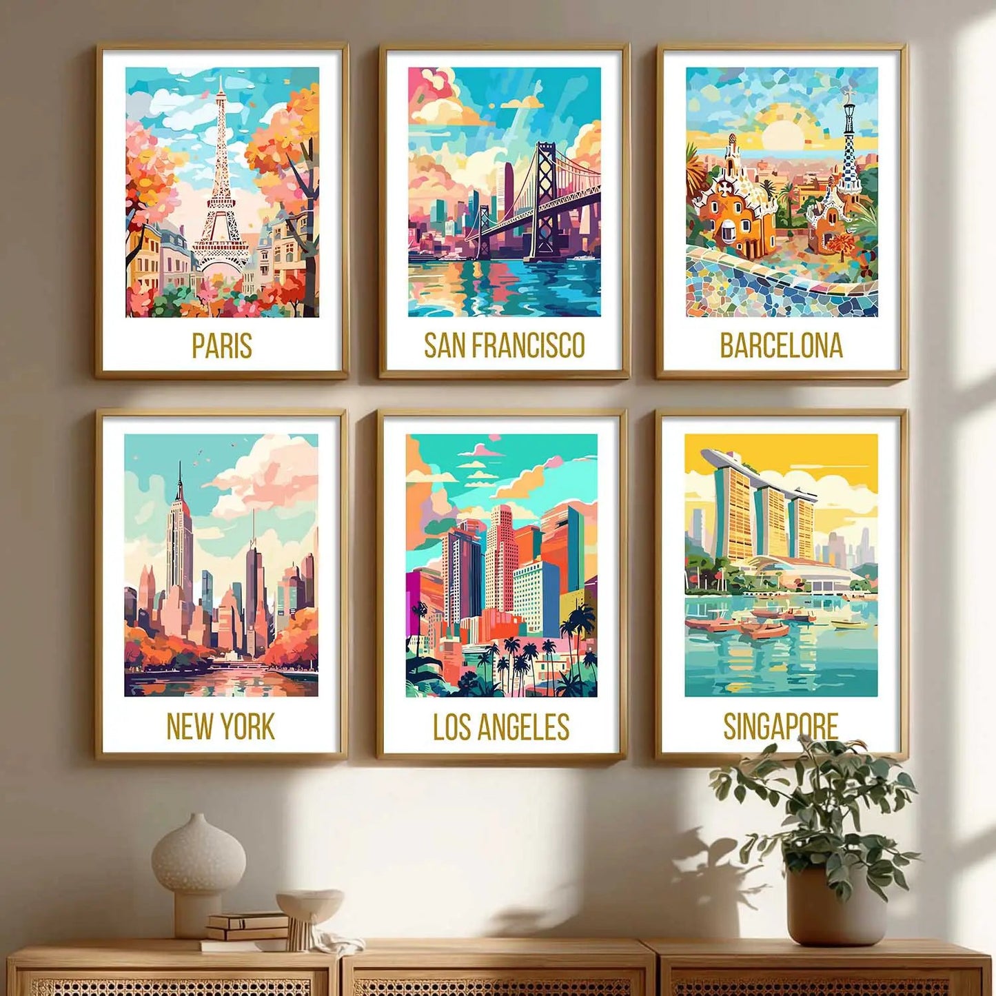 Travel Theme Iconic City View Retro Framed Posters for Wall Decor Set of 6