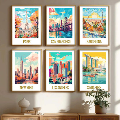 Travel Theme Iconic City View Retro Framed Posters for Wall Decor Set of 6