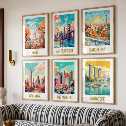 Travel Theme Iconic City View Retro Framed Posters for Wall Decor Set of 6