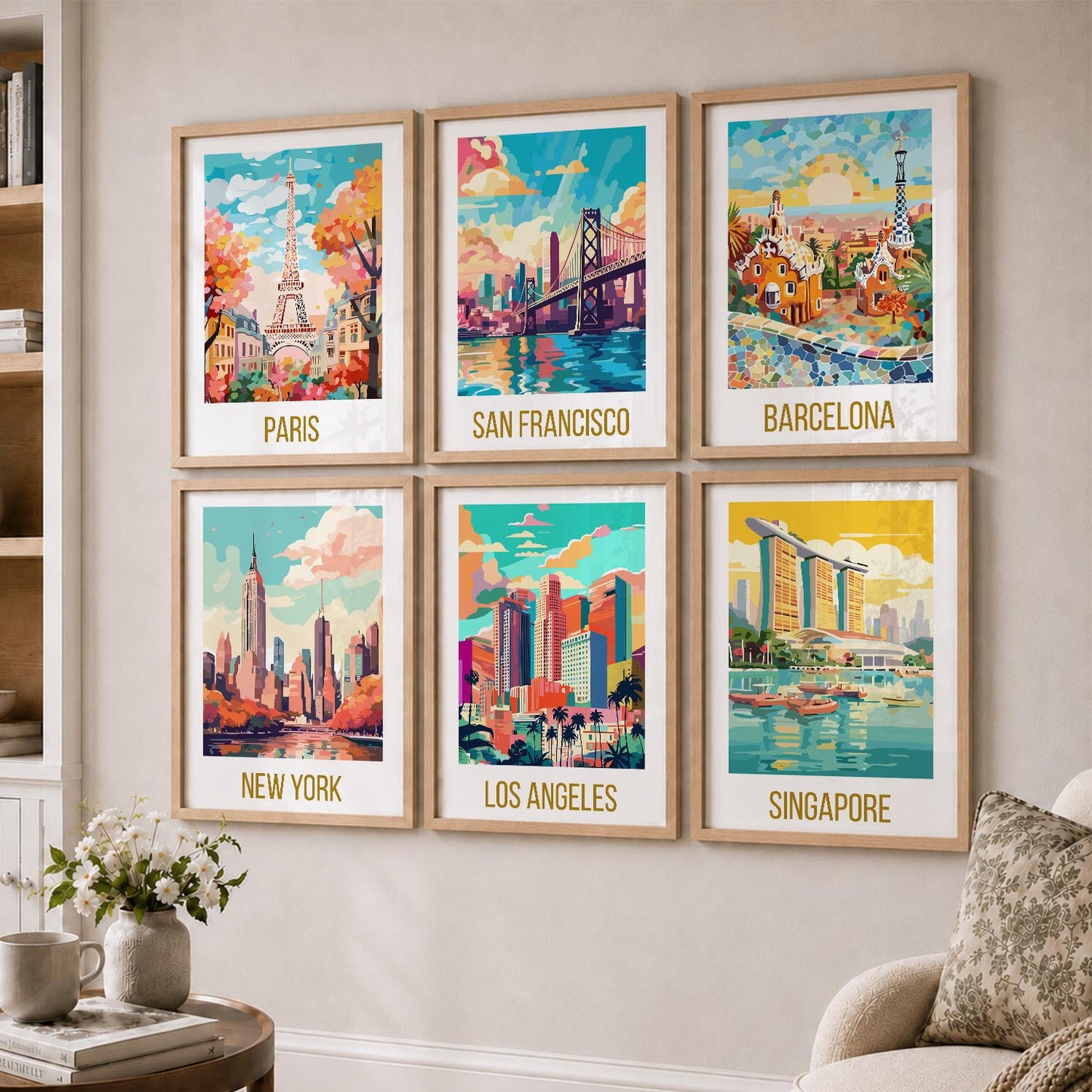 Travel Theme Iconic City View Retro Framed Posters for Wall Decor Set of 6