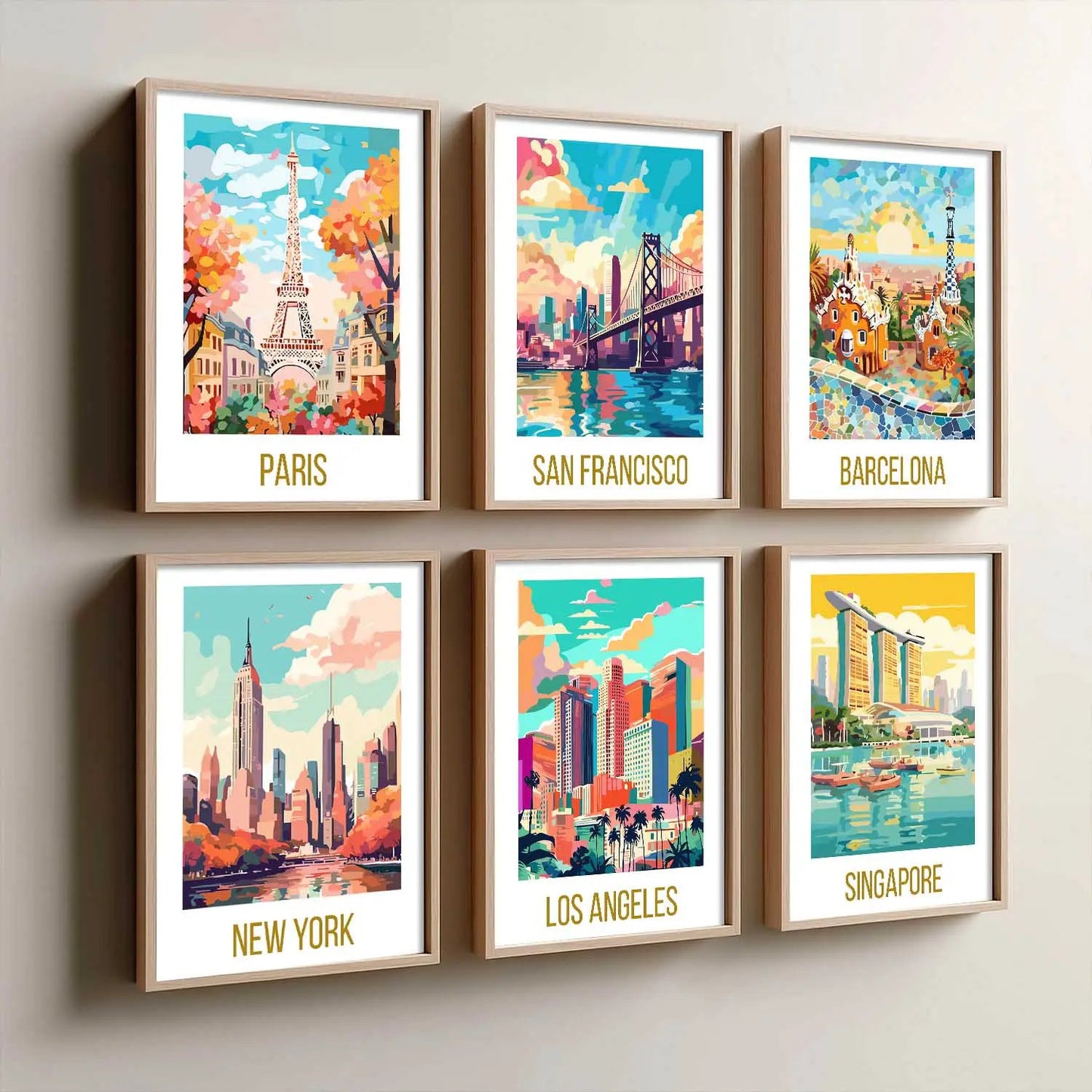Travel Theme Iconic City View Retro Framed Posters for Wall Decor Set of 6