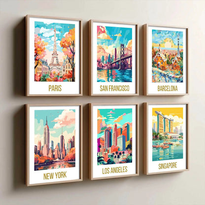 Travel Theme Iconic City View Retro Framed Posters for Wall Decor Set of 6