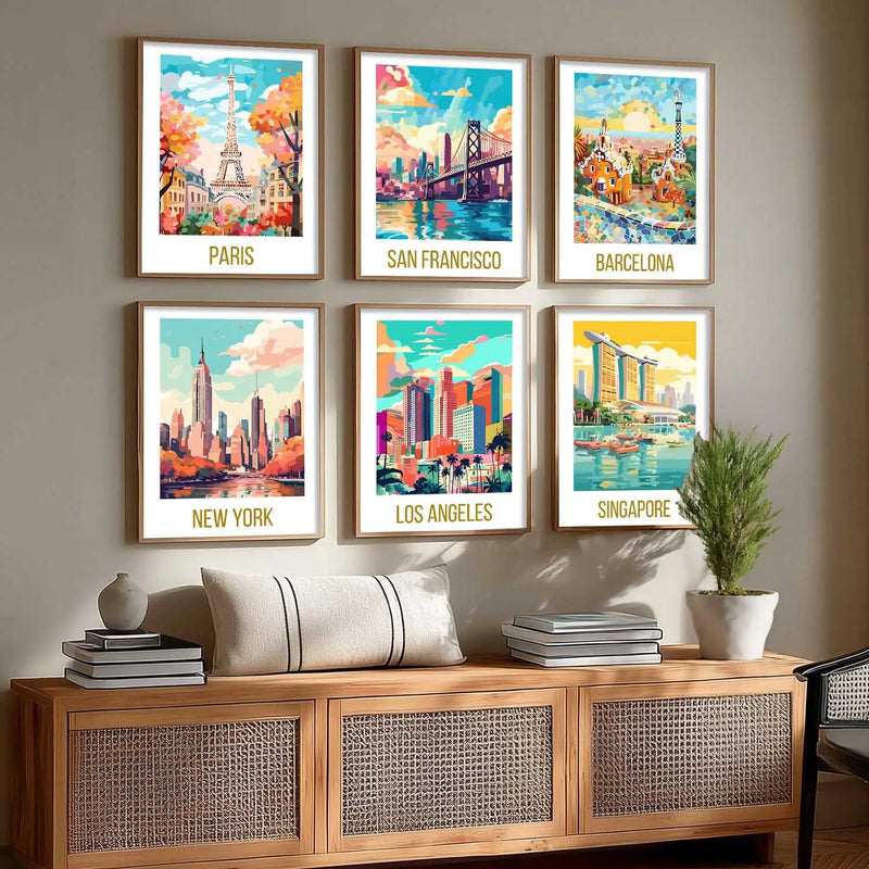 Travel Theme Iconic City View Retro Framed Posters for Wall Decor Set of 6