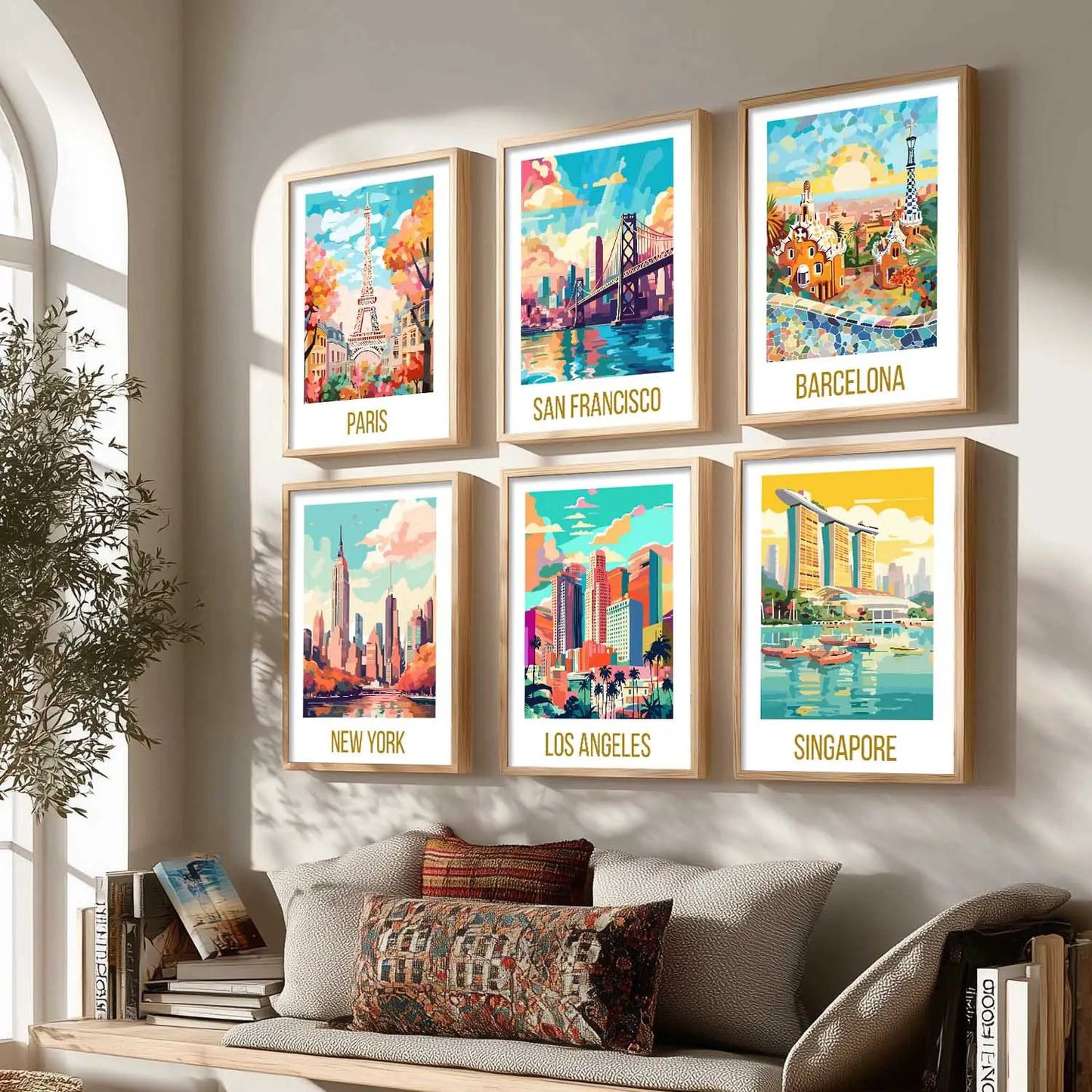 Travel Theme Iconic City View Retro Framed Posters for Wall Decor Set of 6
