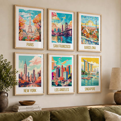 Travel Theme Iconic City View Retro Framed Posters for Wall Decor Set of 6