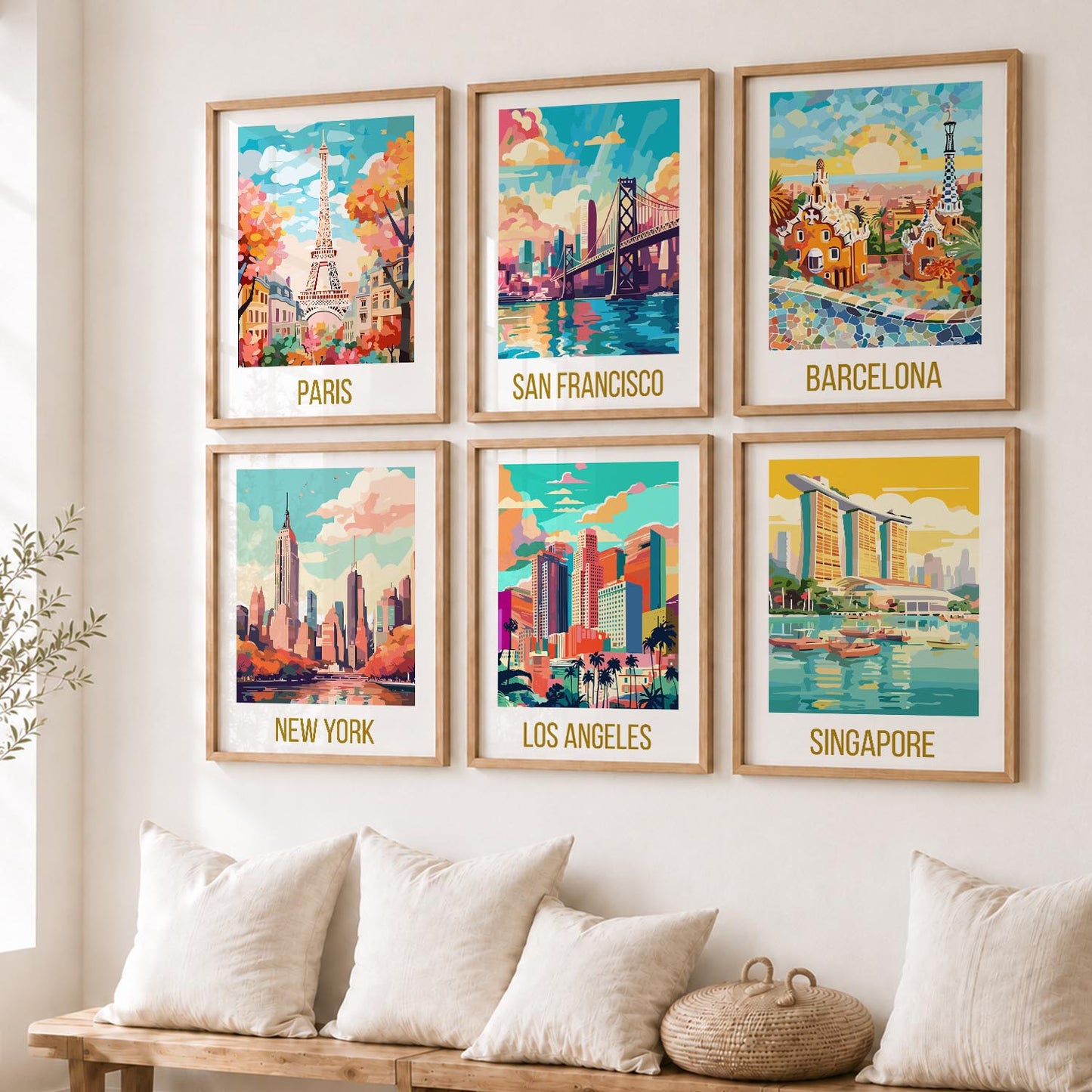 Travel Theme Iconic City View Retro Framed Posters for Wall Decor Set of 6