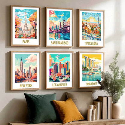 Travel Theme Iconic City View Retro Framed Posters for Wall Decor Set of 6