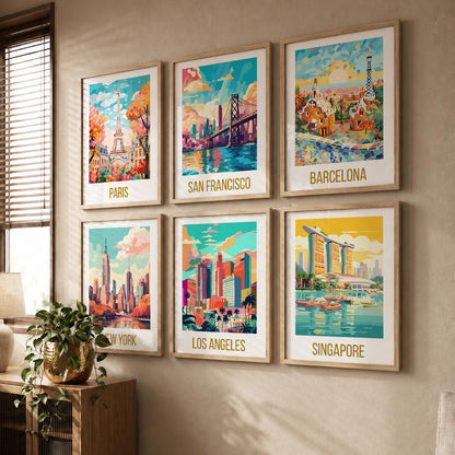 Travel Theme Iconic City View Retro Framed Posters for Wall Decor Set of 6