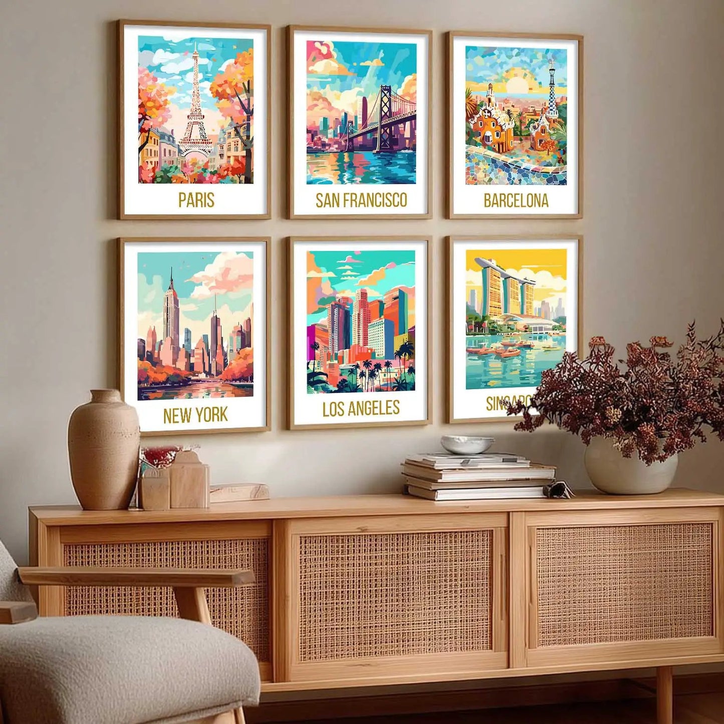 Travel Theme Iconic City View Retro Framed Posters for Wall Decor Set of 6