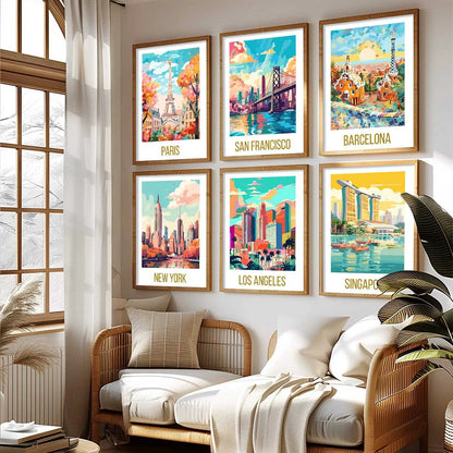 Travel Theme Iconic City View Retro Framed Posters for Wall Decor Set of 6