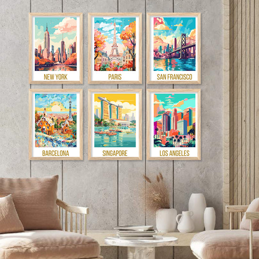 Travel Theme Iconic City View Retro Framed Posters for Wall Decor Set of 6