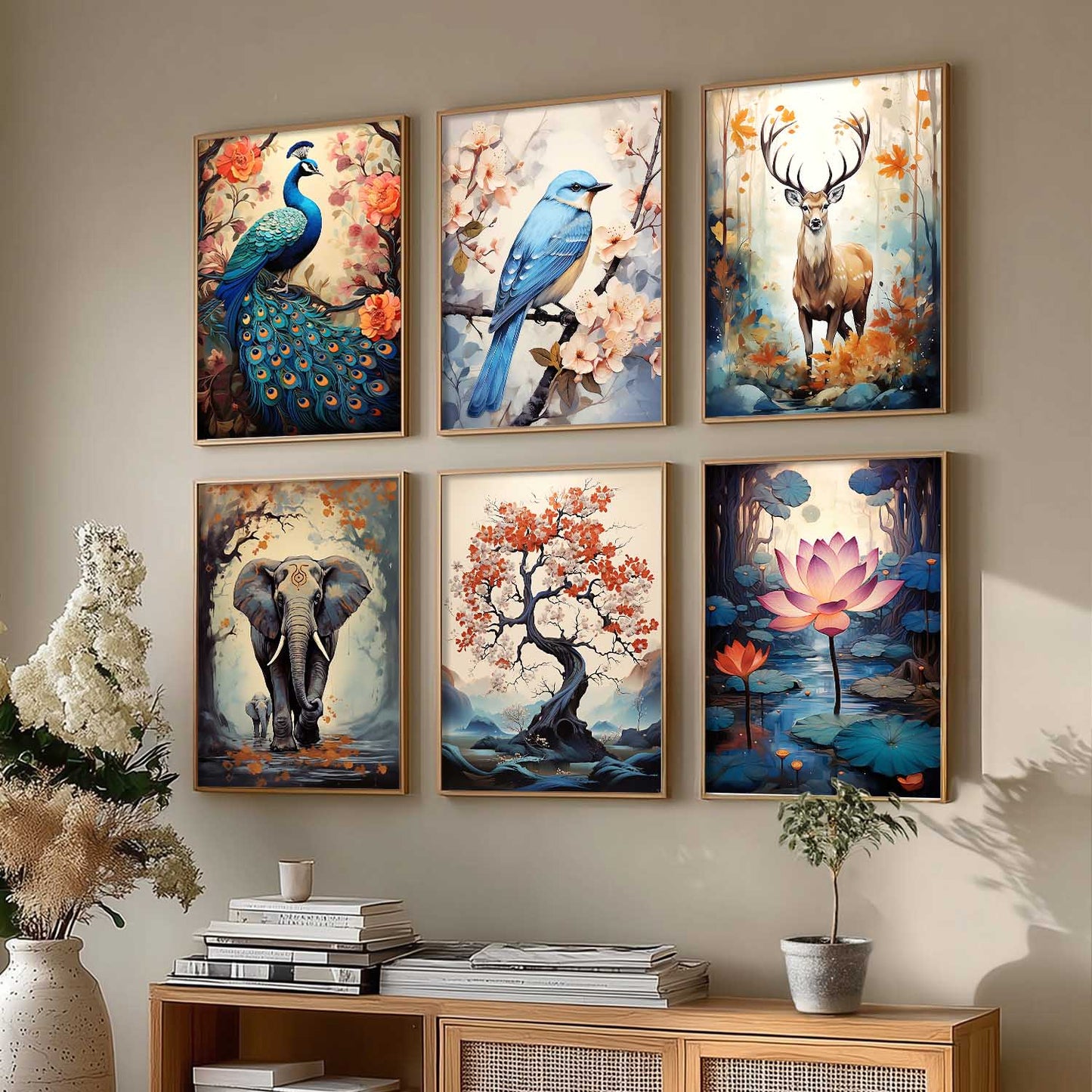 Nature Inspired Prints with Frame for Living Room Bedroom Home and Office Wall Decor Set of 6