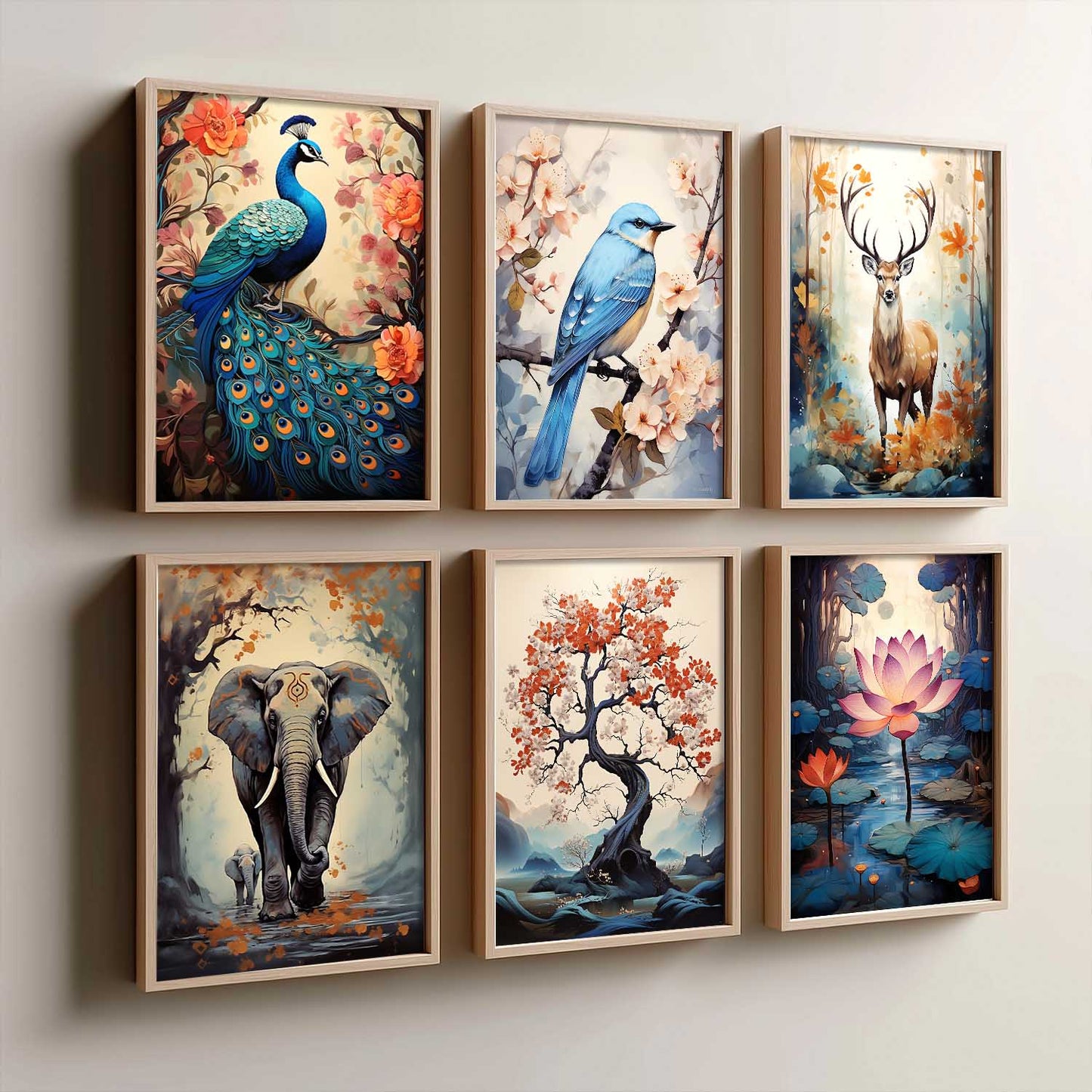 Nature Inspired Prints with Frame for Living Room Bedroom Home and Office Wall Decor Set of 6