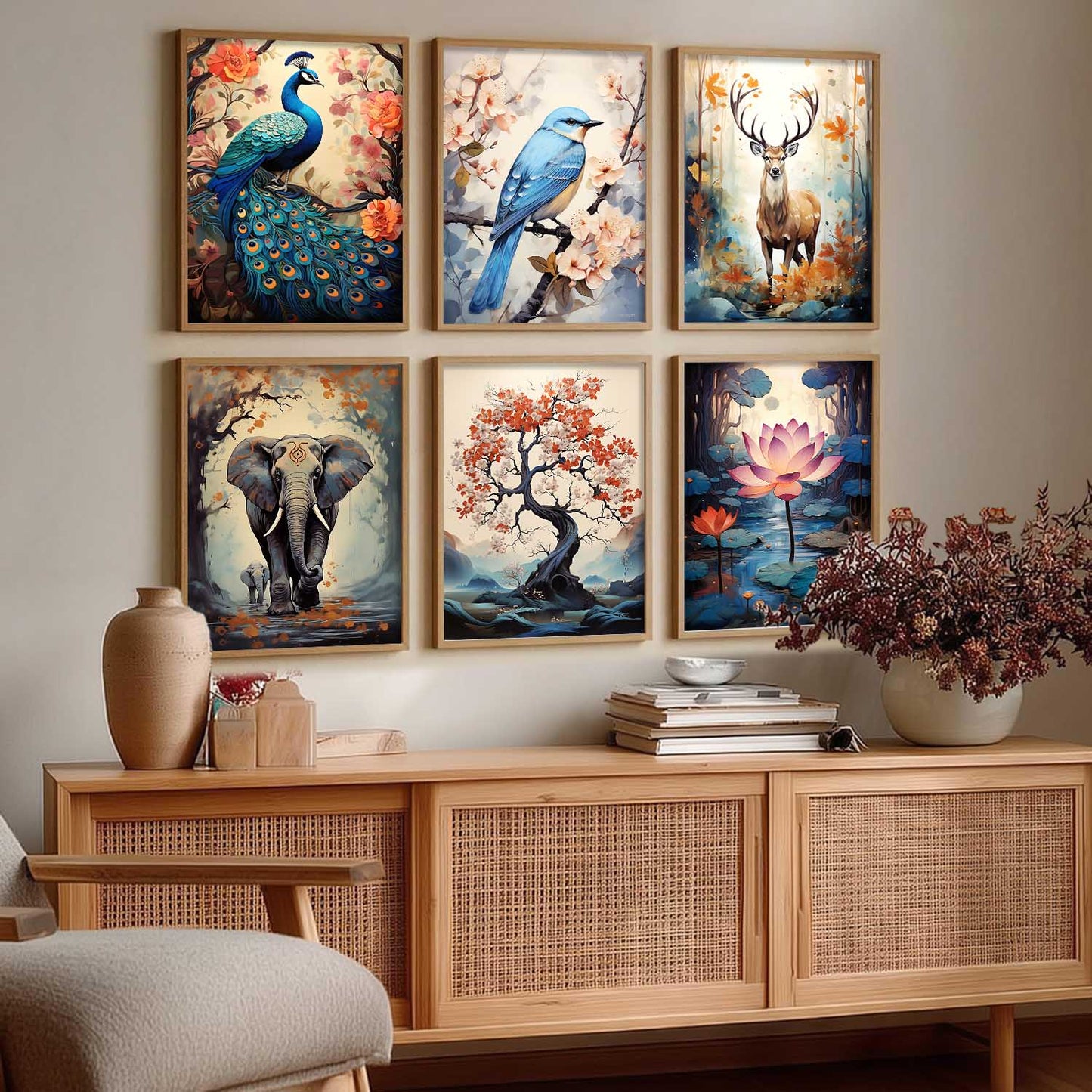 Nature Inspired Prints with Frame for Living Room Bedroom Home and Office Wall Decor Set of 6