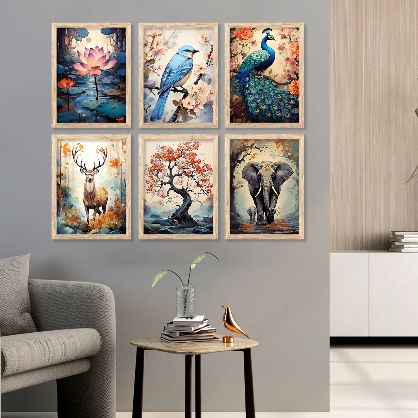 Nature Inspired Prints with Frame for Living Room Bedroom Home and Office Wall Decor Set of 6