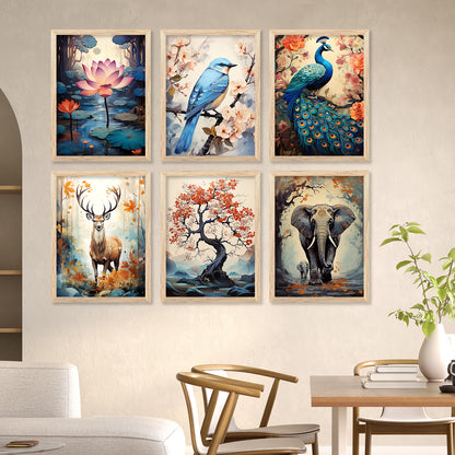 Nature Inspired Prints with Frame for Living Room Bedroom Home and Office Wall Decor Set of 6