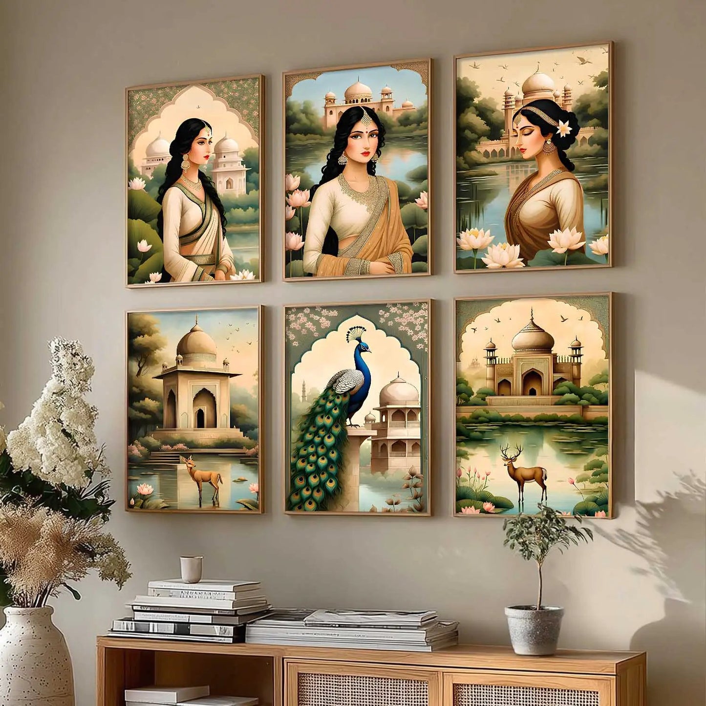 Traditional Indian Inspired Madhubani Art Prints with Frame for Living Room Bedroom Home and Office Wall Decor Set of 6