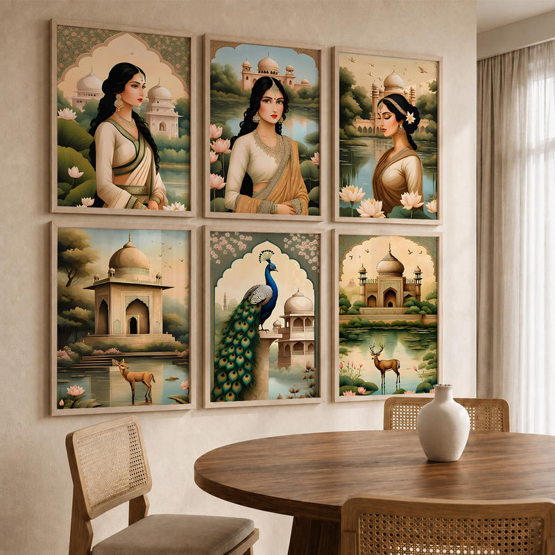 Traditional Indian Inspired Madhubani Art Prints with Frame for Living Room Bedroom Home and Office Wall Decor Set of 6