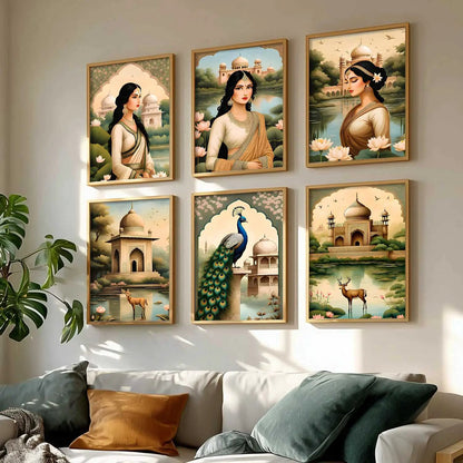 Traditional Indian Inspired Madhubani Art Prints with Frame for Living Room Bedroom Home and Office Wall Decor Set of 6