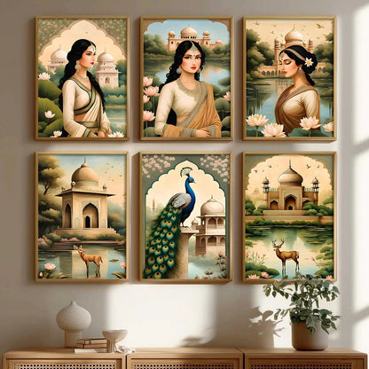 Traditional Indian Inspired Madhubani Art Prints with Frame for Living Room Bedroom Home and Office Wall Decor Set of 6