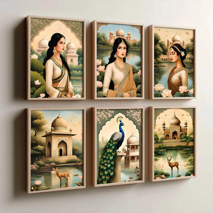 Traditional Indian Inspired Madhubani Art Prints with Frame for Living Room Bedroom Home and Office Wall Decor Set of 6