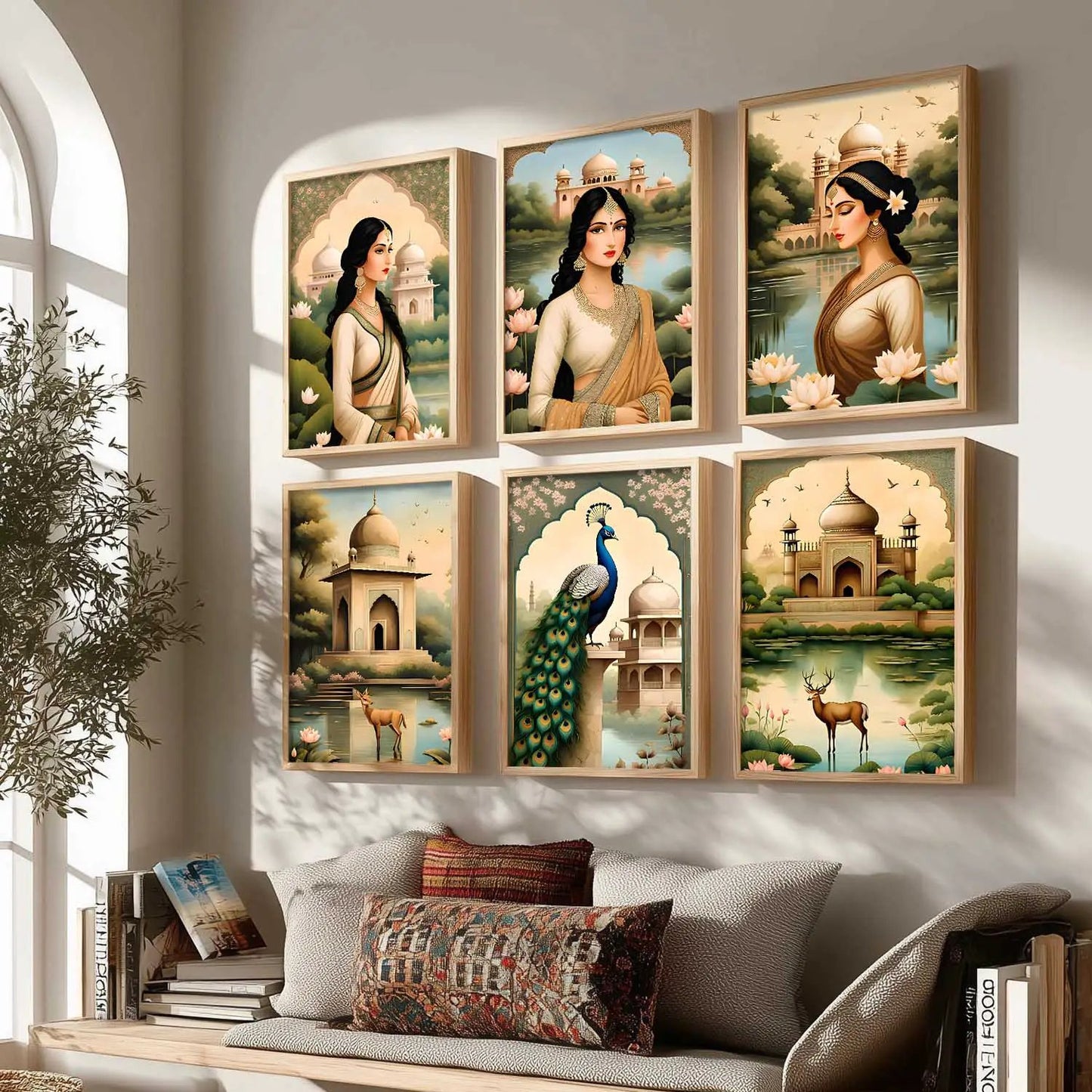 Traditional Indian Inspired Madhubani Art Prints with Frame for Living Room Bedroom Home and Office Wall Decor Set of 6