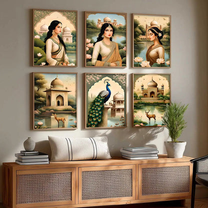 Traditional Indian Inspired Madhubani Art Prints with Frame for Living Room Bedroom Home and Office Wall Decor Set of 6
